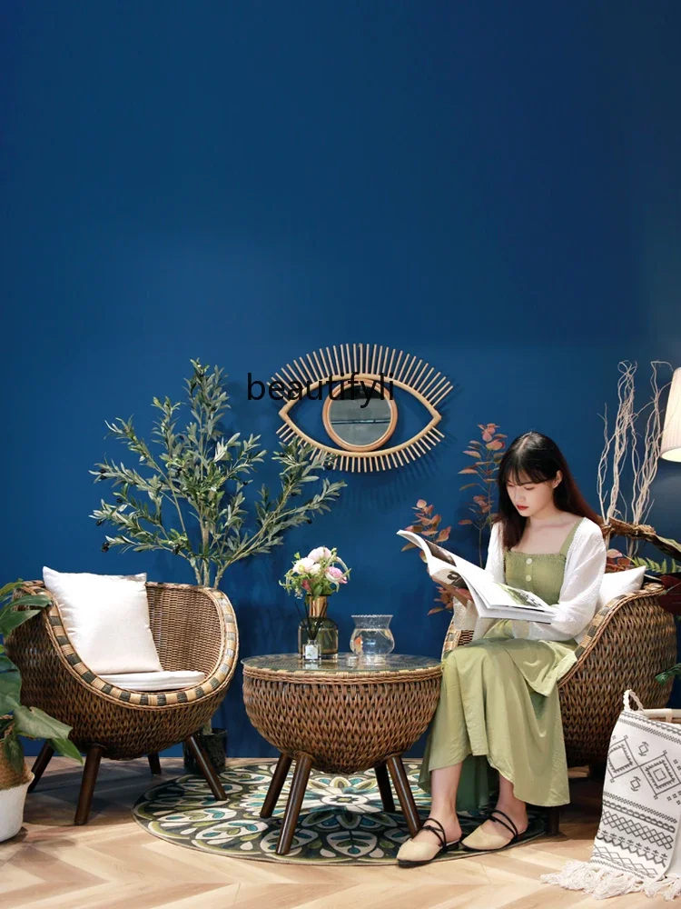 

High-End Natural Rattan Chair Three-Piece Set Balcony Leisure Area Layout Small Tea Table Combination Outdoor Courtyard Backrest