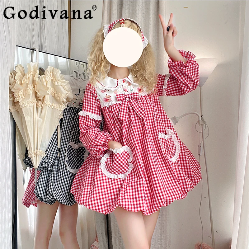 

Original Kawaii Lolita Plaid Flower Bud Dress OP Autumn Girl's Cute Bow Long Sleeve Mini Birthday Dress Daily Loli Lo Y2K Dress
