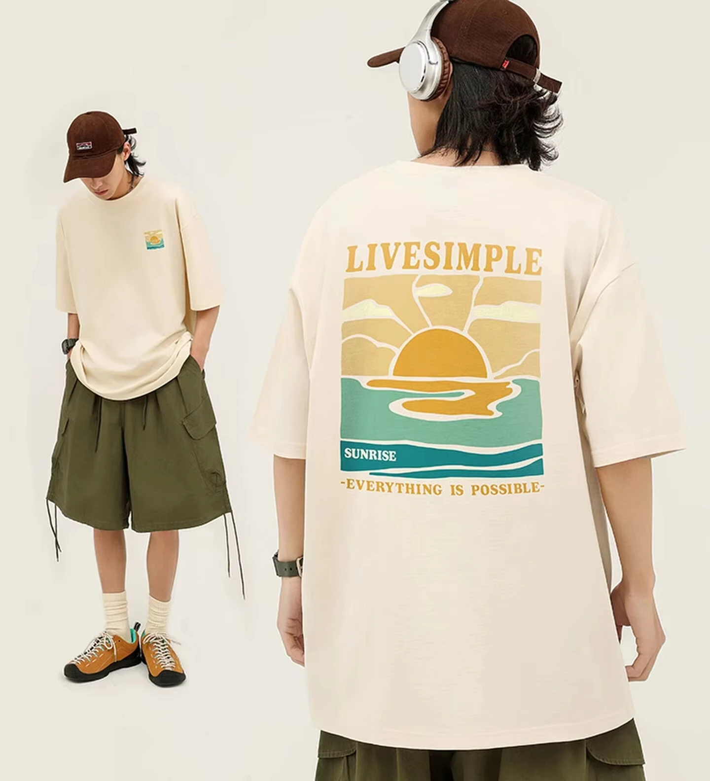 2026 West Coast Impression Sunrise Oversize Short Sleeve Summer New American Multi-color Outdoor Neutral Pure Cotton Half Sleeve