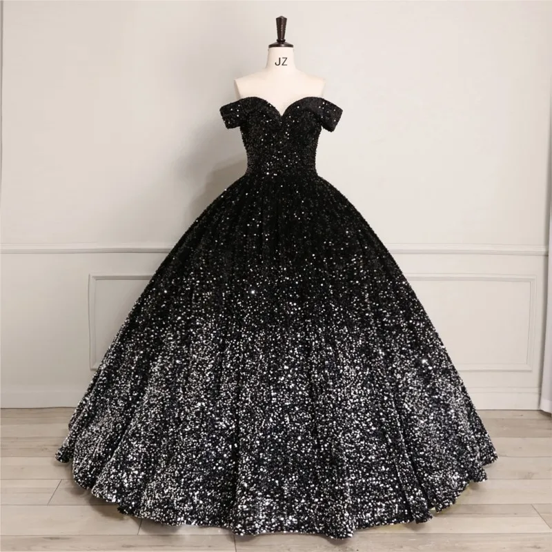 

One-shoulder sequined elegant super sparkling banquet art examination puffy skirt