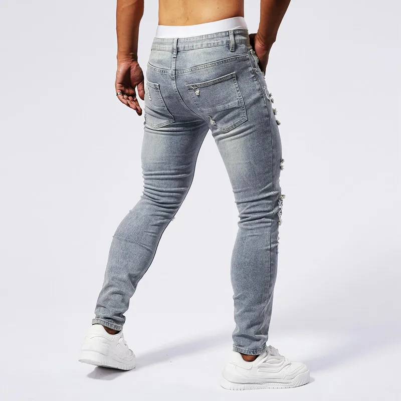 Patch sequin rhinestone jeans for men with torn holes, elastic summer fashion, casual fit, small foot muscle tight pants