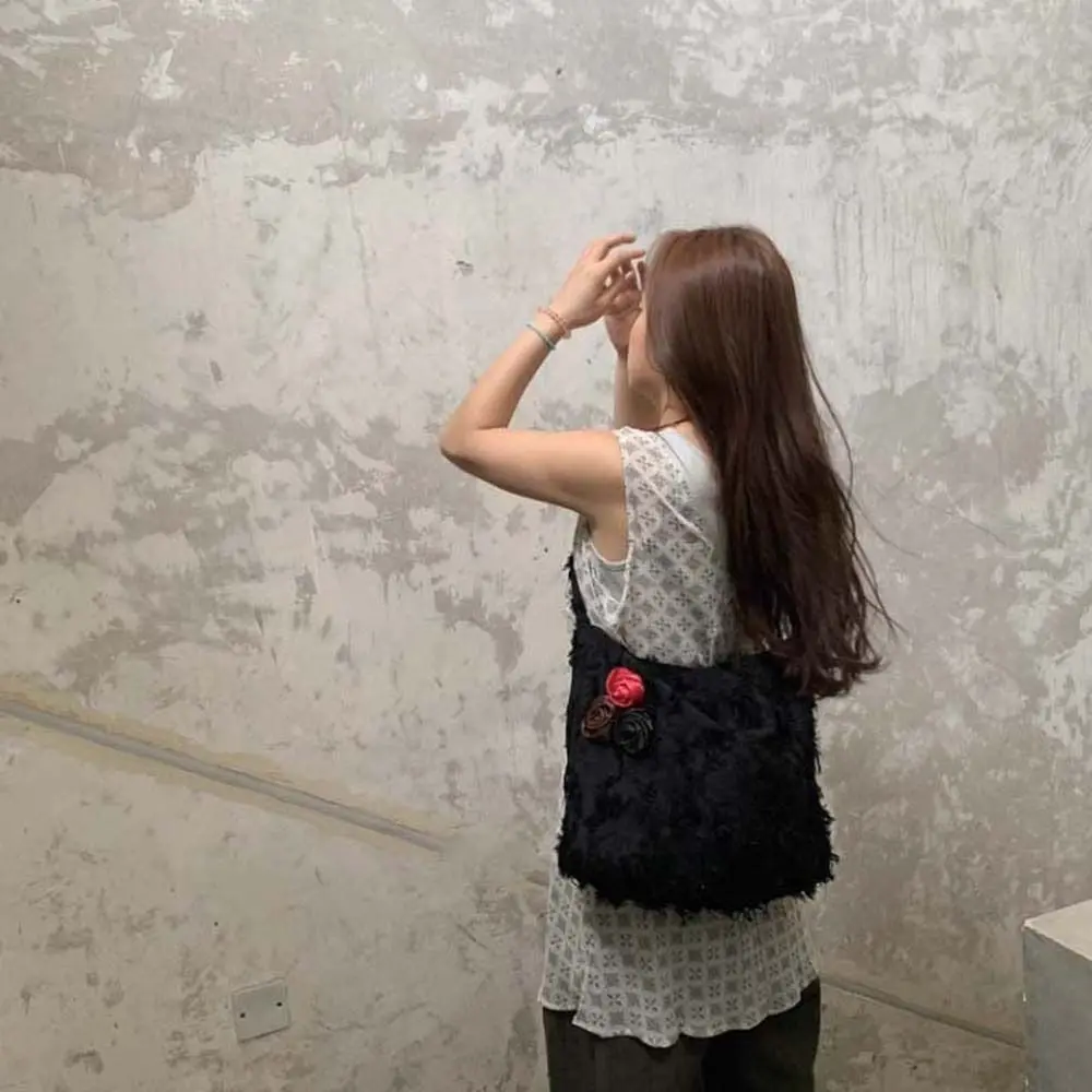 Large Capacity Linen Jacquard Tote Bag Korean Style Cotton Bag Decorated with Roses Polyester Lightweight Flax Raw Edge Bag
