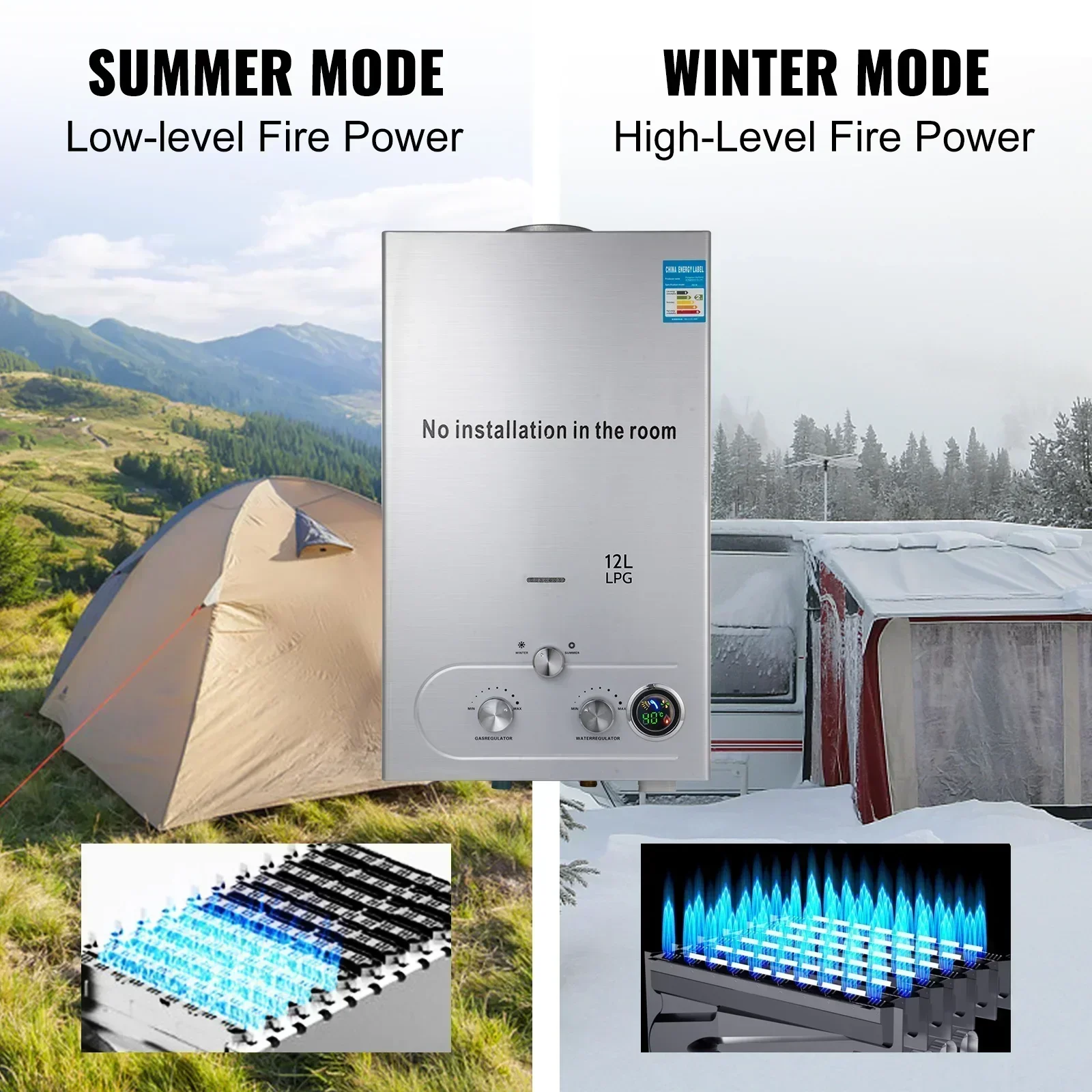 VEVOR 6L-18L LPG Gas Hot Water Heater Propane Gas Stainless Steel Tankless Boiler Camping W/Shower Kit LPG Water Heater