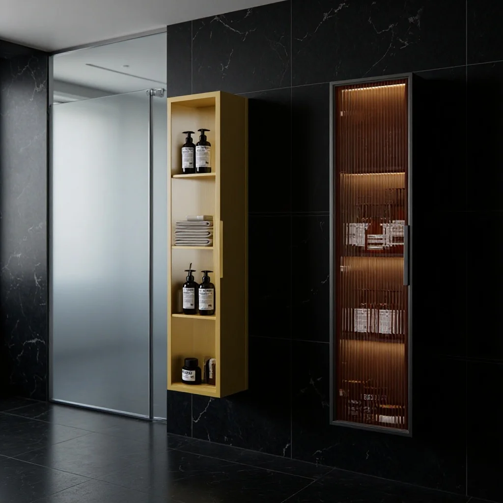 

Зеркальная задняя панель для ванной комнаты из нержавеющей стали 304 с дверцей-нишей, стеклянным отсеком для хранения и полкой