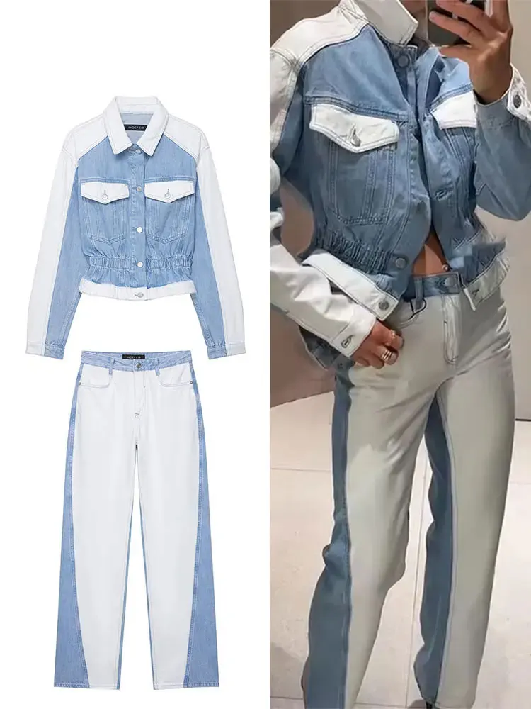 

Women's Patchwork Denim Suits Long Sleeves Single Breasted Coat+2025 Autumn Pockets Wide Leg Long Pants Lady Sets Outfits