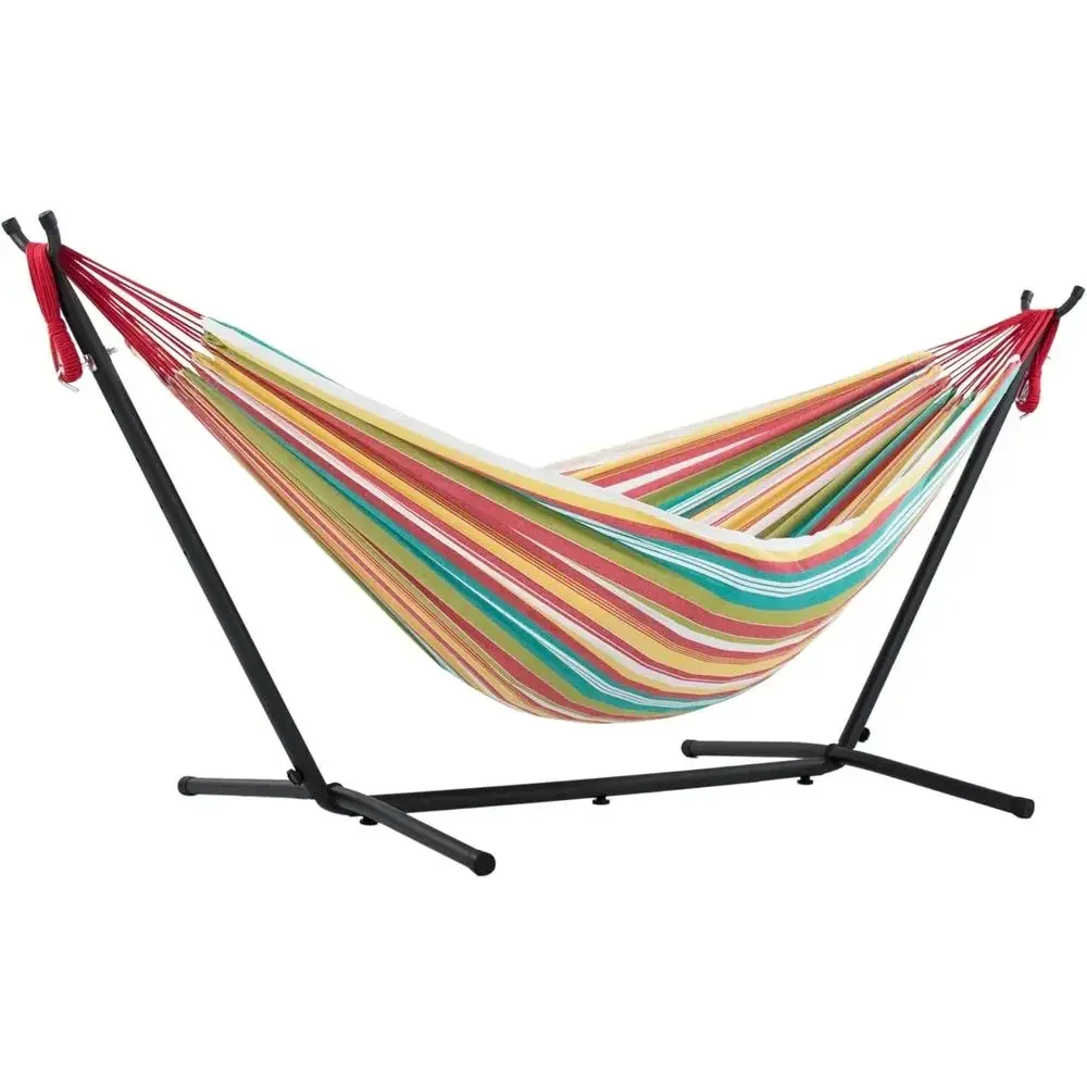 Double Cotton Hammock with Steel Stand, Polyester End Strings, 450 lb Capacity, Carry Bag Included, USA Grown Cotton