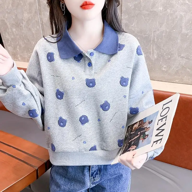 Fashion Lapel Printed Letter Cartoon Sweatshirts Female Clothing 2023 Autumn Winter Loose All-match Tops Casual Sweatshirts