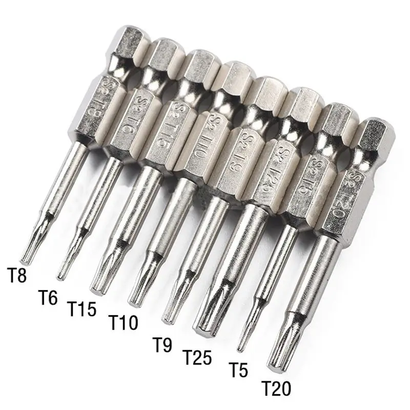 8 pz/set cacciavite a forma di Torx punte per cromatura T5 T6 T8 T9 T10 T15 T20 T25 S2 Kit di punte per cacciavite in acciaio legato parti di strumenti