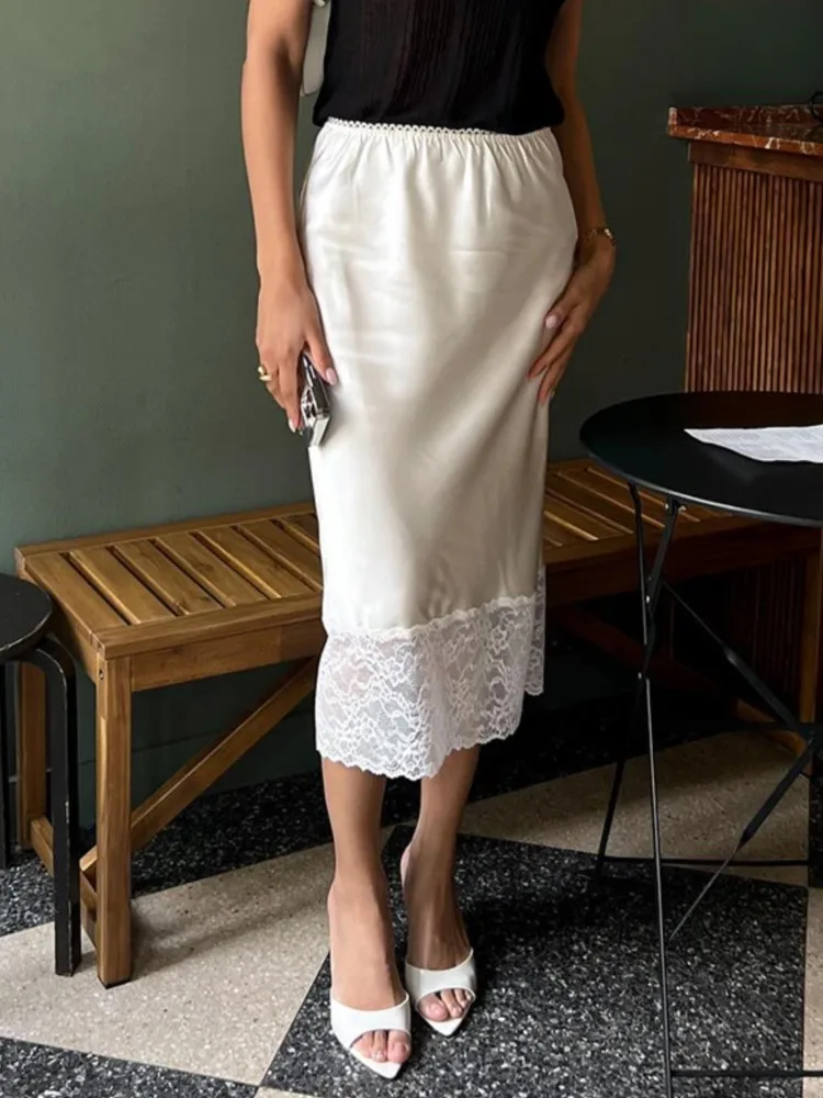 

Белая кружевная длинная юбка для женщин, лето 2025, новая повседневная атласная тонкая лоскутная юбка с высокой талией, элегантная одежда для поездок на работу, женская макси-юбка