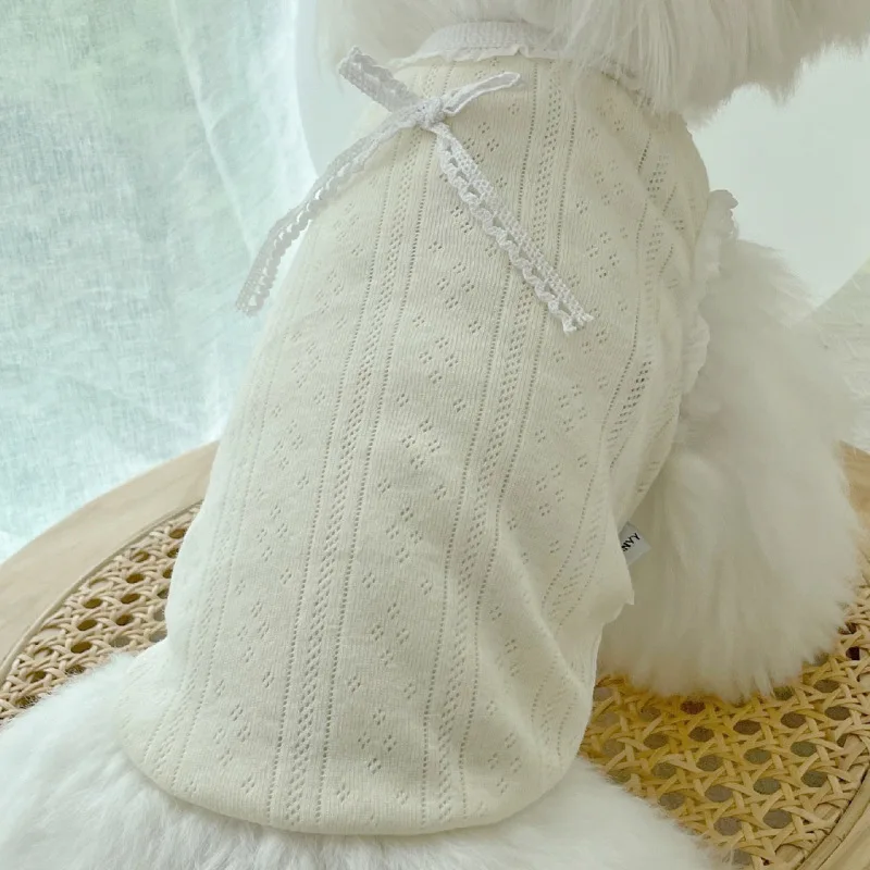 Pet White Leggings Jacquard Vertical Strip Vest Pet Clothes Puppy Cat Lace Cotton Clothes Yorkshire Terrier Service Dog Vest