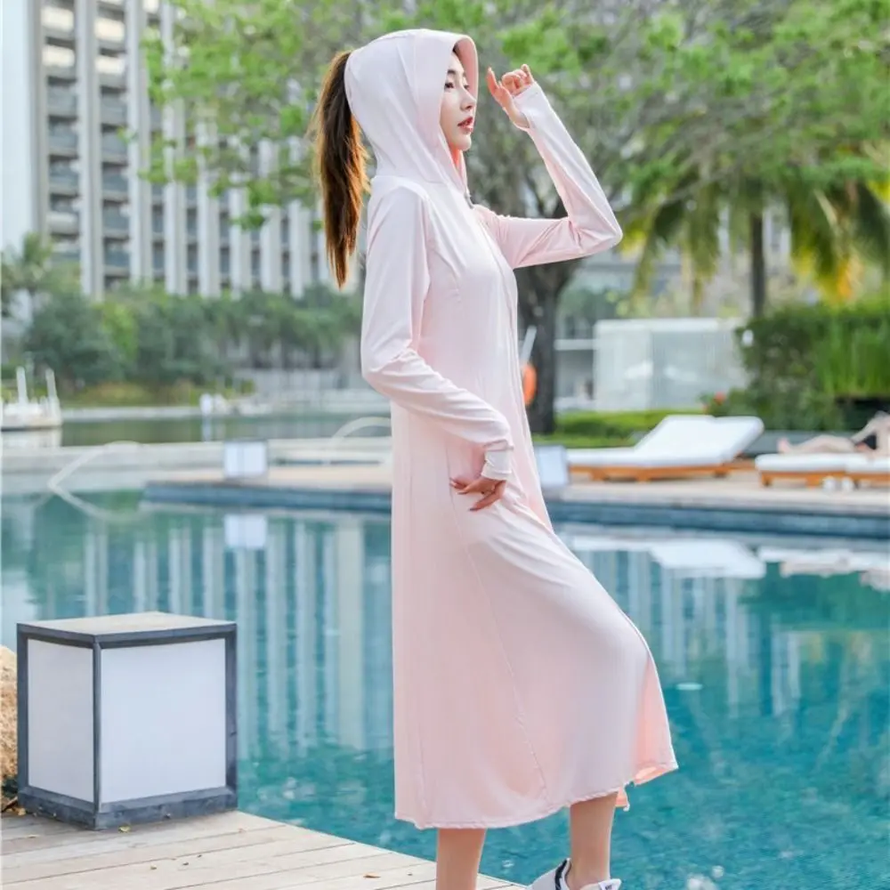 

Hooded Sun Protection Long Coat Comfortable Breathable Hat Anti-UV Dress Quick Dry Ice Silk Beach Long Sweatshirt Summer