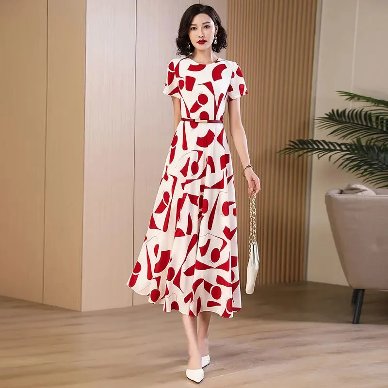 2024 Summer New Temperament Fashion Print Dress Slim Waist Round Neck Age-Reducing Fashion Long Short Sleeve Comfortable Dress