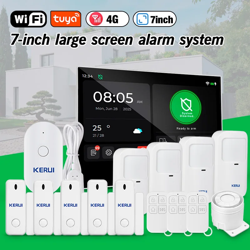 KERUI Wireless Burglar Alarm 7 inch Large Touch Screen Panel 4G WIFI Home Alarm System Tuya Smart Support FSK/ASK Sensor 433MHZ