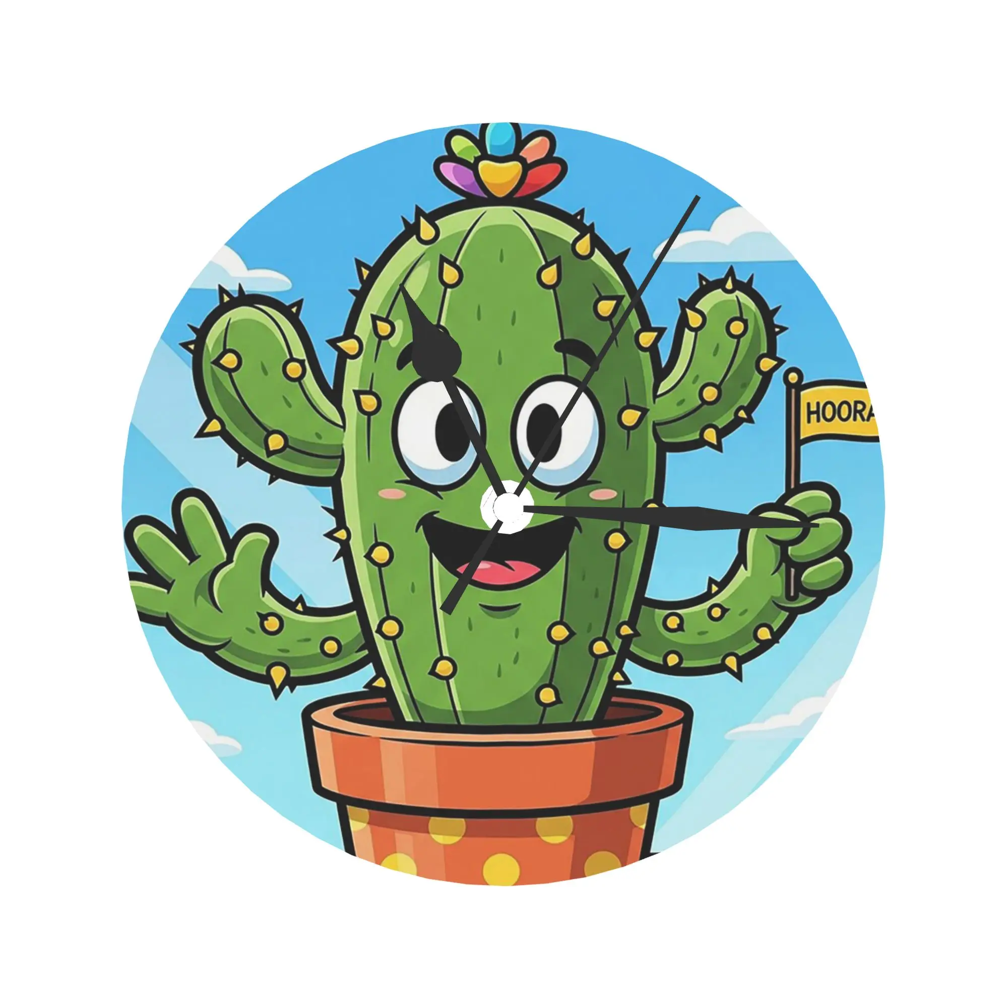 

Милый счастливый кактус в горшке, забавный мультяшный дизайн растений, настенные часы, украшение комнаты, бесшумные круглые часы для спальни, гостиной, кухни