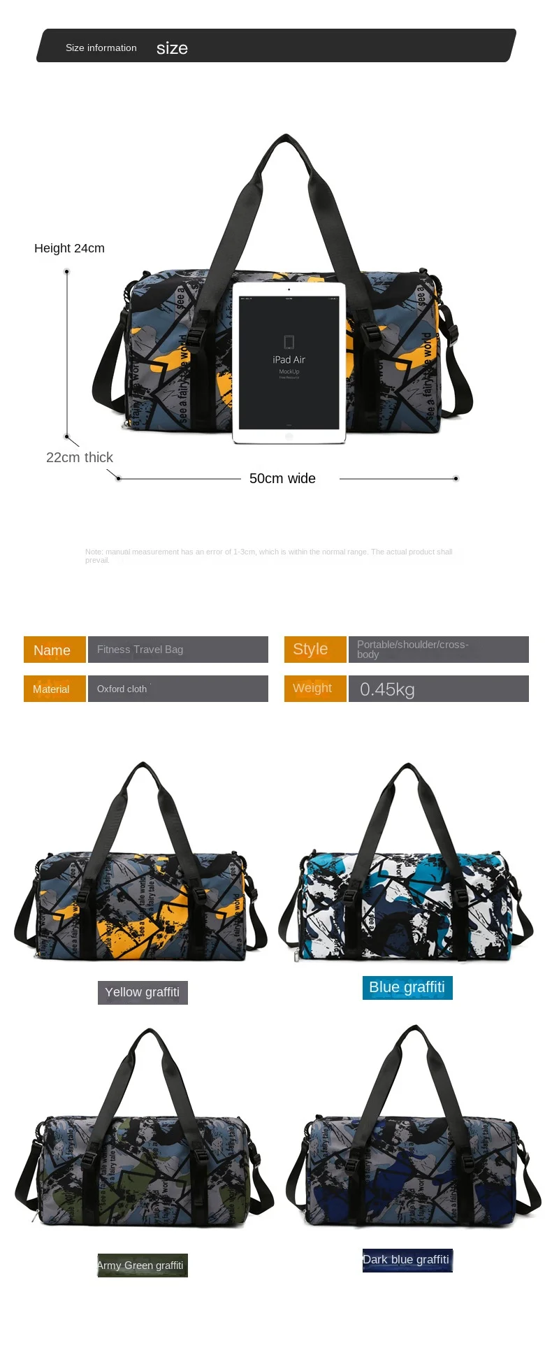 Sports Fitness Bag com Compartimento de Sapato e WetClothes Bolso, Grande Capacidade Travel Bag, Personalidade Moda