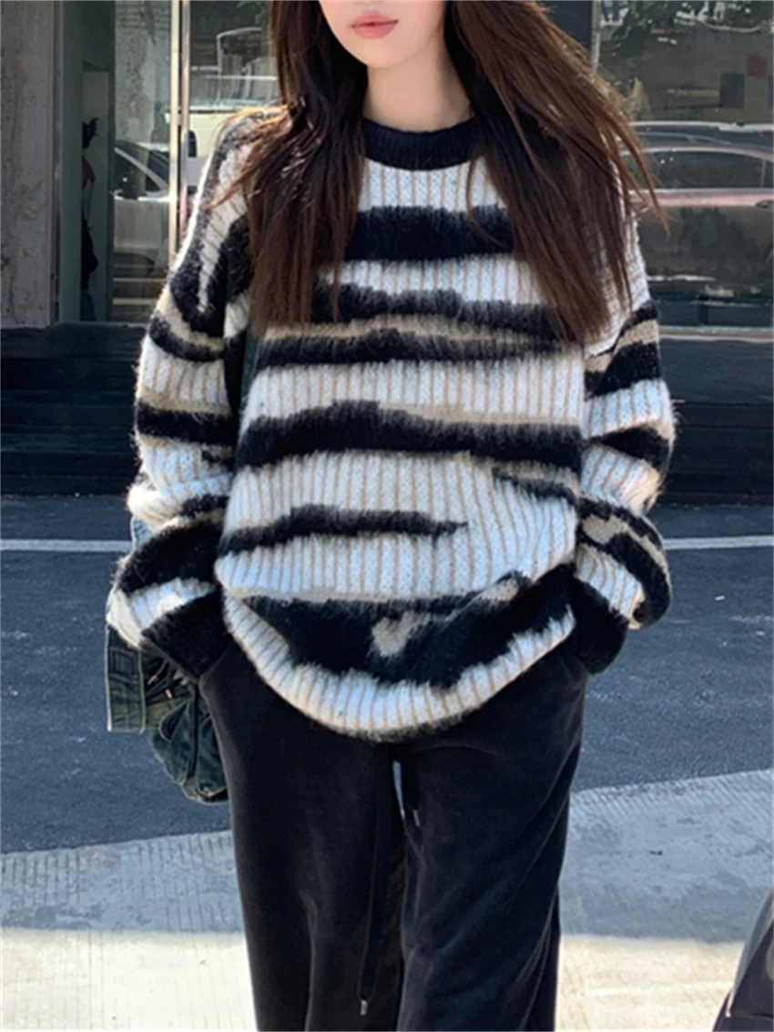 PLAMTEE Soft Lazy Style Women Sweaters Chic Stripes All Match Loose Autumn Pullovers 2023 Office Lady Knitted Gentle Vintage