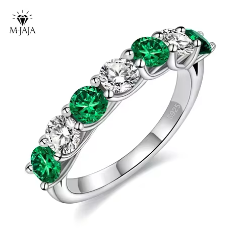 M-JAJA 3.5mm Emerald Gemstone Ring S925 Sterling Silver Lab Created Sapphire/Ruby Moissanite Wedding Band Vintage Fine Jewelry