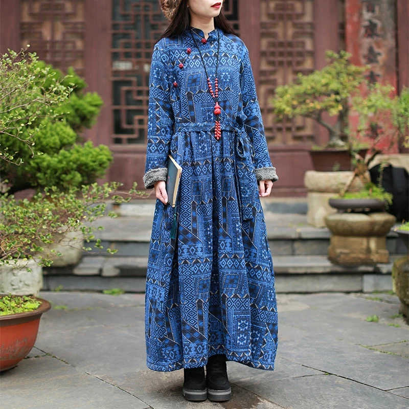 

LZJN Spring Faux Fur Clothes Women Maxi Dresses Elegant Cotton Linen Robe Pullover Gown Long Sleeve Fleece Winter Dress 1902