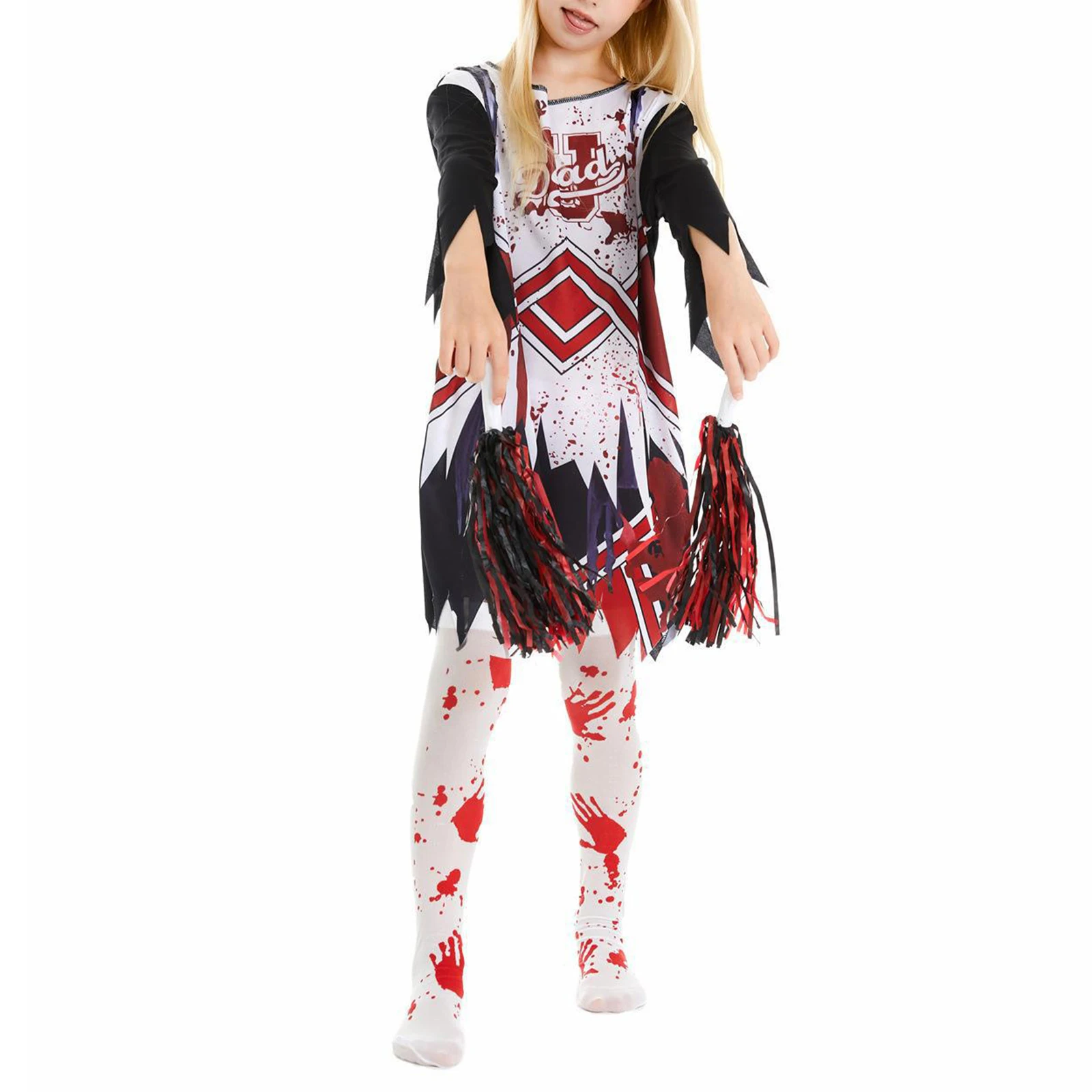 Bambini ragazze Halloween Party Horror Zombie Costume Cosplay Cheerleading abiti da ballo vestito sanguinante con calze palline di fiori