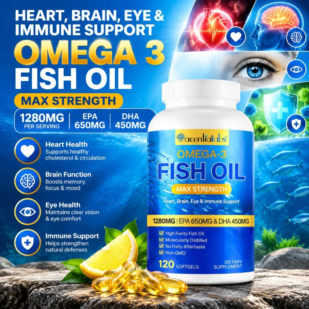 Heart, Brain, Eye & Immune Support Omega 3 Fish Oil 1280mg Softgels with EPA 650mg & DHA 450mg, Max Strength, 120 Softgels