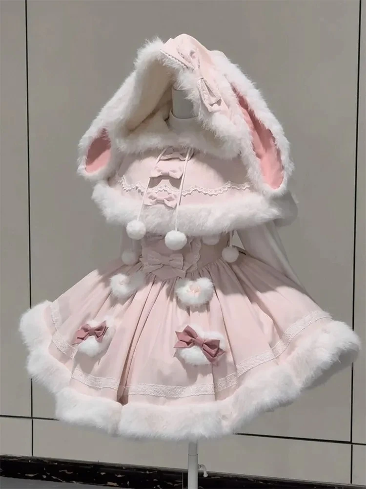 

Cute Pink Rabbit Ear Bow Tie Coat Shoulder Wrap Waist Cinched Fluffy Dress Two Piece Set Women Winter Fashion Ensemble