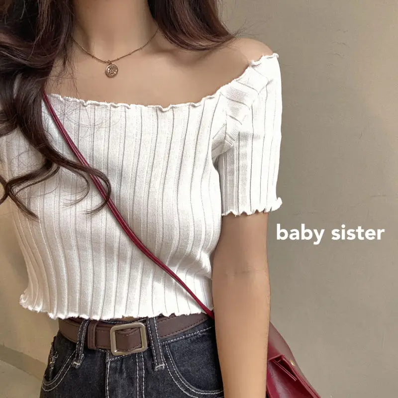 Off The Shoulder Top Women Knitted Sexy Short Sleeve Slim Fit T-Shirts Crop Top Y2k Top Summer Clothes Korean Casual Tees Female