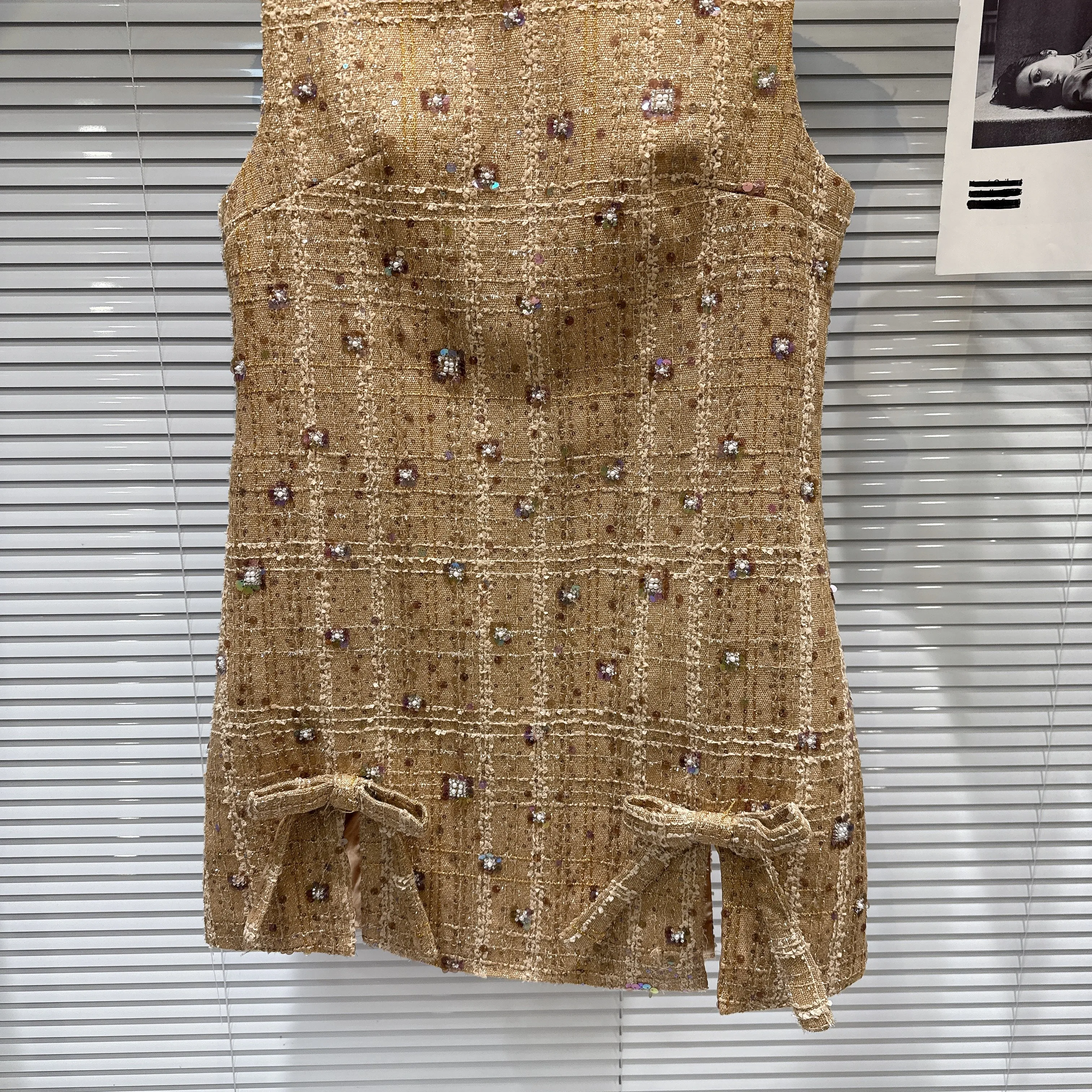 French Elegant Fashion Socialite Sleeveless Dress Sequin Bow Round Neck Slim Fit A-line Tweed Short Tank Dress for Women Autumn