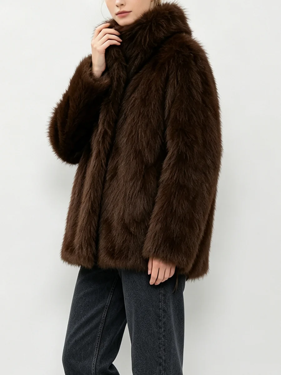 RU Women High Collar Faux Fur Coat  Fluffy Thick Plush Jacket Loose Oversized Fit Warm Winter Fashion Ladies Short Outerwear