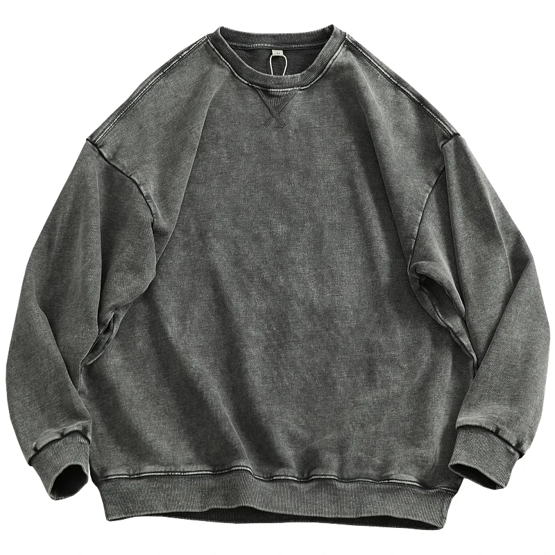 2025 Spring New American Retro Long Sleeve O-neck Heavyweight Knitted Sweatshirts Men\'s 100% Cotton Washed Old Casual Sportwear