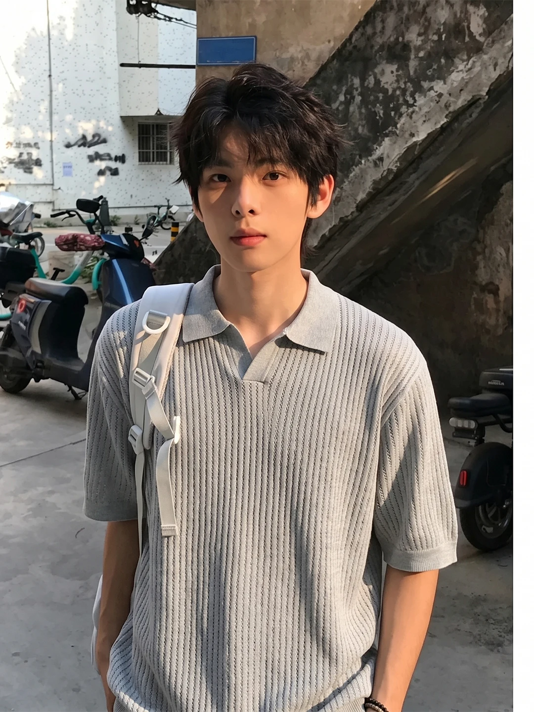 Light Grey Knitted Half Sleeve  Shirt with Oystercatcher Collar Short Sleeve Men Summer Lightweight Maturity Feel T-Shirt
