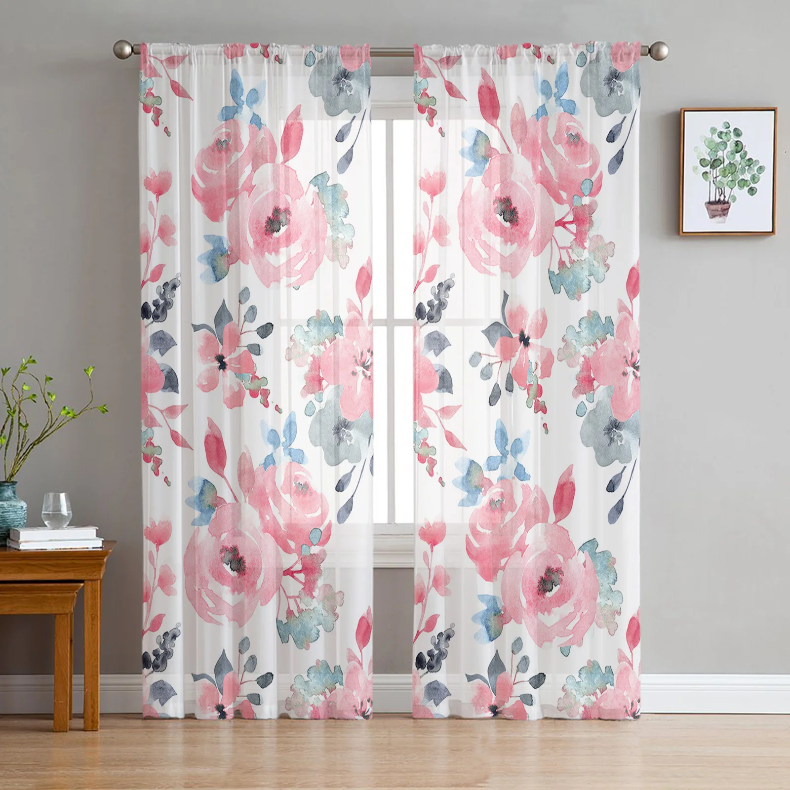 

Watercolor Summer Pink Blue Flowers Tulle Curtains for Living Room Bedroom Sheer Voile Drapes Modern Printed Curtains