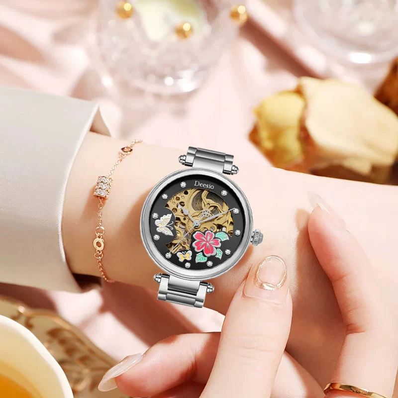 Deesio Brand Design Luxury Women Automatic Mechanical Watches Stainless Steel GMT Watch Top Brand Hollow Sapphire Glass reloj
