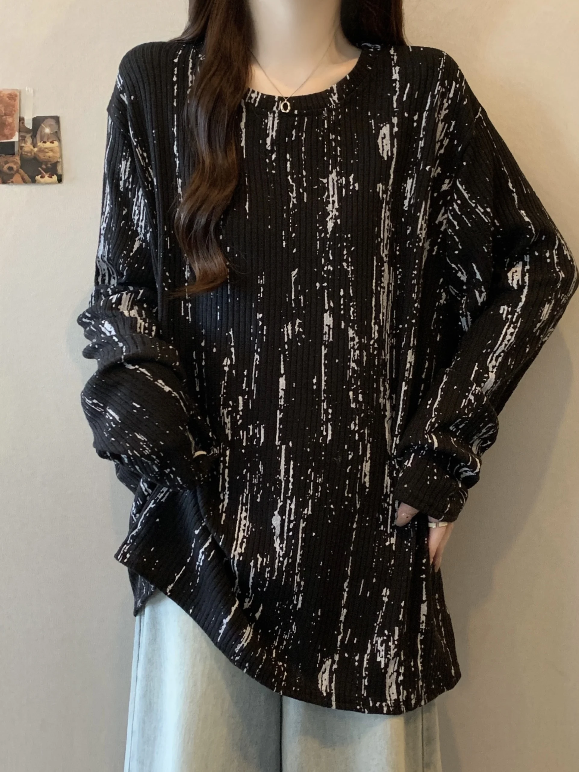 Trendy Dyed Long Sleeve Base Shirt Women's Spring Autumn plus Size Conceals Bottoms Mid-Length Cover-Up Top Casual Style