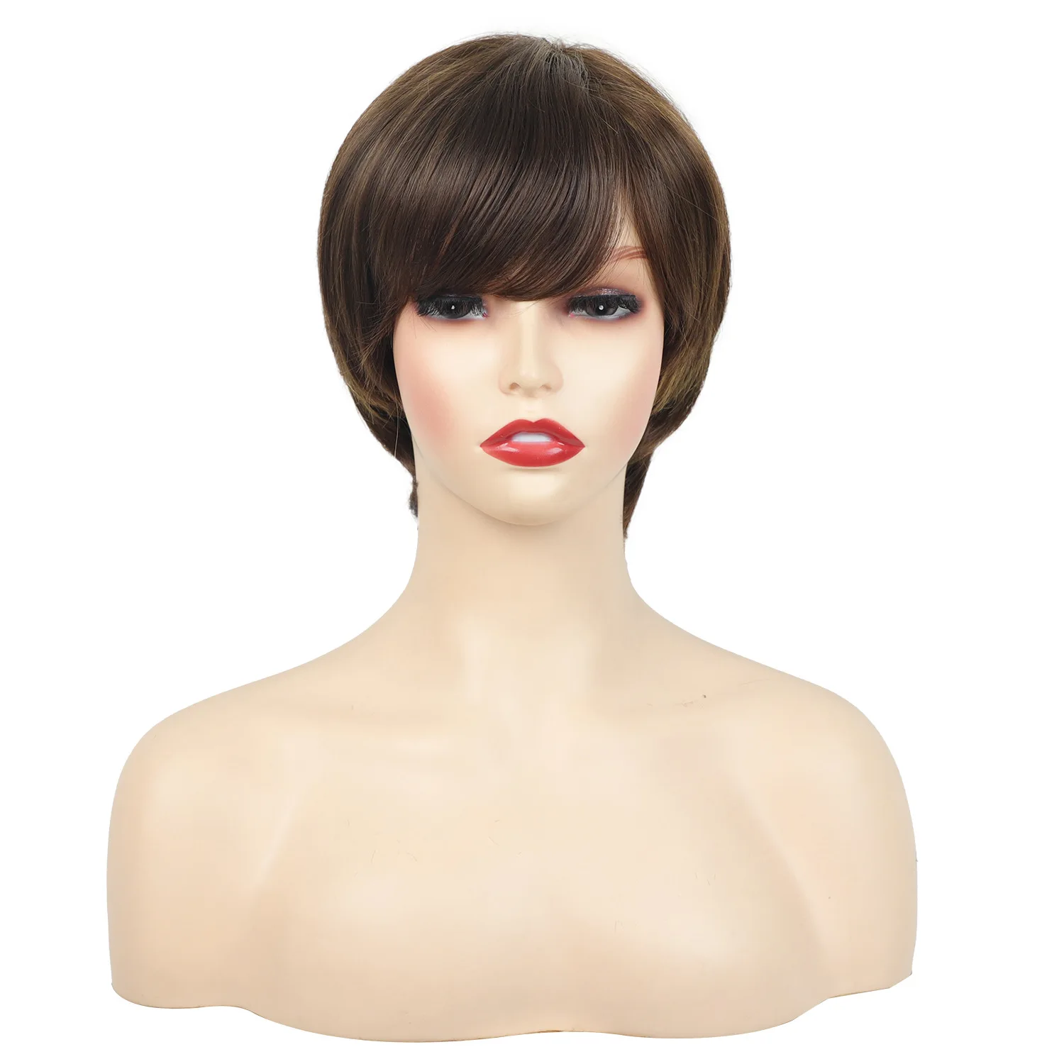 باروكة صناعية قصيرة مستقيمة بنية اللون مع غرة للنساء للحفلات التنكرية اليومية، شعر مستعار مقاوم للحرارة