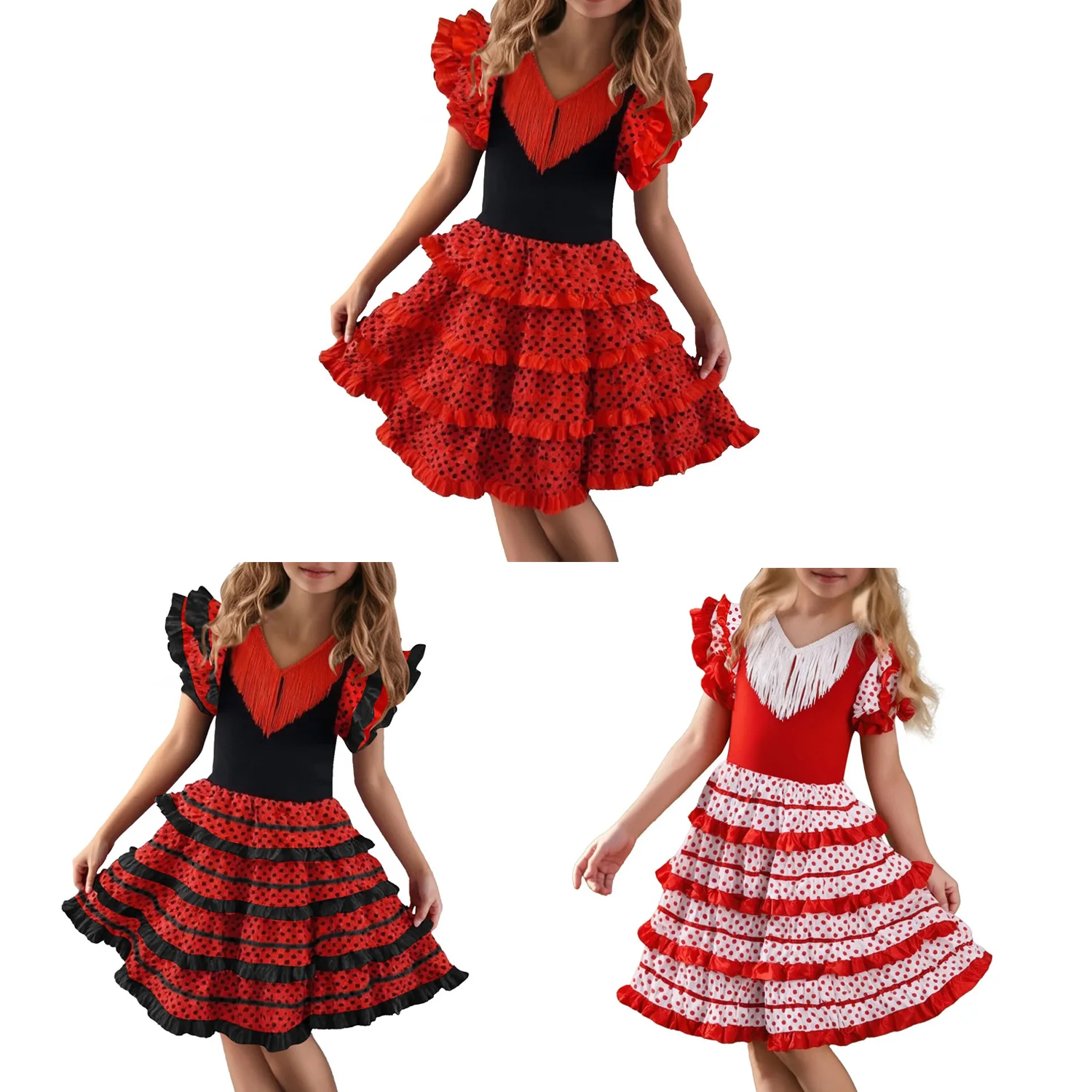 Traditional Spanish Dance Dress For Girls Festival Tassel Dot Dress Four Color Classic Flamengo Gypsy Style Children Skirt