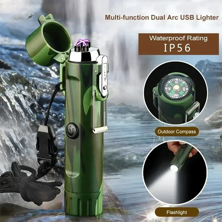 

Outdoor Camping Enthusiasts Waterproof Flameless Dual Arc Usb Rechargeable Electric Lighter with Flashlight Compass