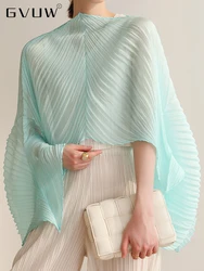 GVUW Pleated Translucent Thin T-shirts For Women Solid Color O-neck Long Batwing Sleeve 2024 Summer Female Fashion Top 17D370