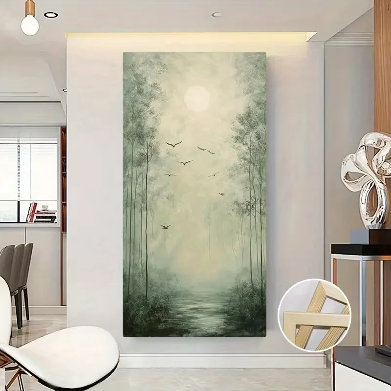 1pc No Framed Sun Large Wall Art, Forest Large Wall Art, Birds Art Prints, Silence Vertical Canvas Wall Art Print, Mist Vertical
