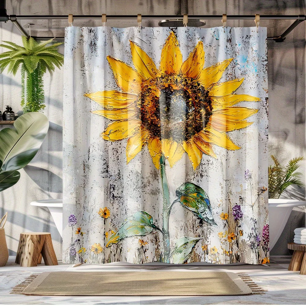 

Занавеска подсолнух — цифровая печать, деревенское дерево, желтые и фиолетовые цветы, можно стирать в машине, ушко, декор для ванны