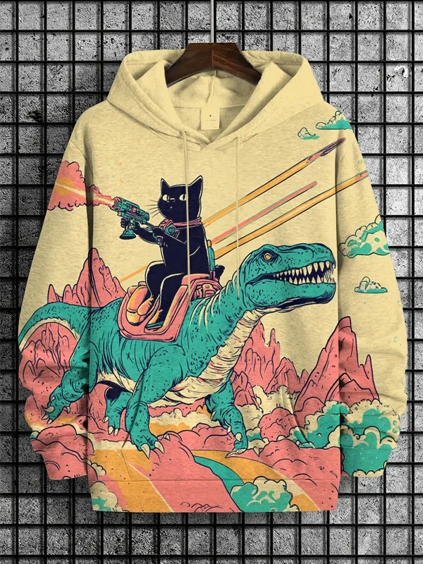 Moletom masculino com capuz de gato e dinossauro 3D estampado pulôver de manga comprida moda streetwear poliéster com capuz ao ar livre casual diário