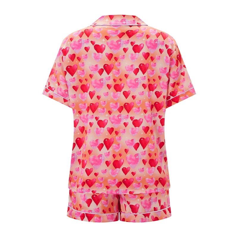 Valentinstag-Pyjama-Set für Damen mit Herzmuster, kurzärmligem Oberteil und Shorts – 2-teiliges Lounge-Outfit für Loungewear