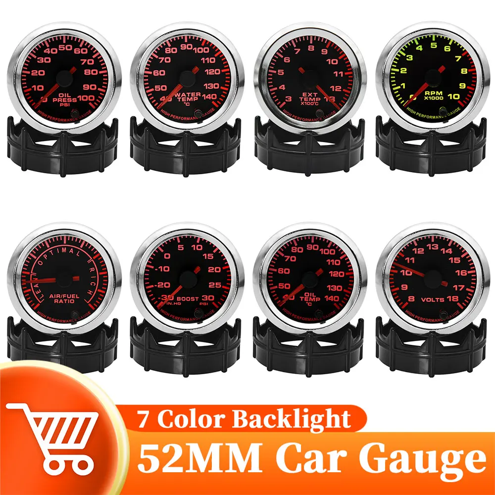 

52MM 7 Colors Car Tachometer PRM Turbo Boost Gauge Air Fuel Ratio Water Temp Oil Temp Oil Press Meter With Sensor For Car Racing