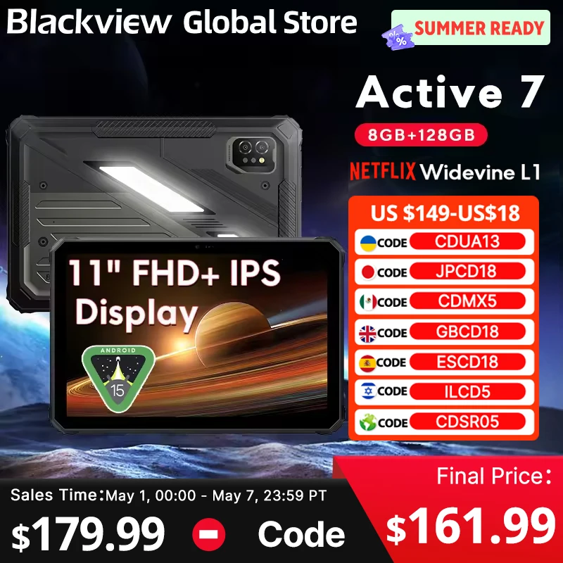 

Прочный планшет Blackview Active 7 с 11-дюймовым FHD+ дисплеем, восьмиядерным процессором, Android, защитой IP68 и IP69K, аккумулятором 10000 мАч и зарядкой 45 Вт, для использования на открытом воздухе