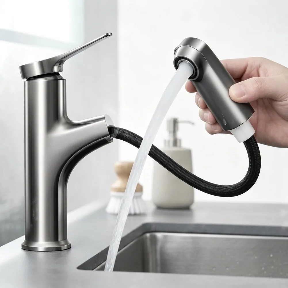 Kitchen and Bathroom Faucet Brushed Copper Pull-Out Spout 60-80cm Reach Brass Construction for Daily Use No Professional Needed