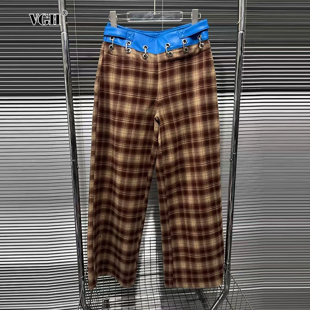 VGH Spliced Metal Decoration Pant for Women High Waist with Leather Design Patchwork Plaid Casual Fashion Trousers Female New