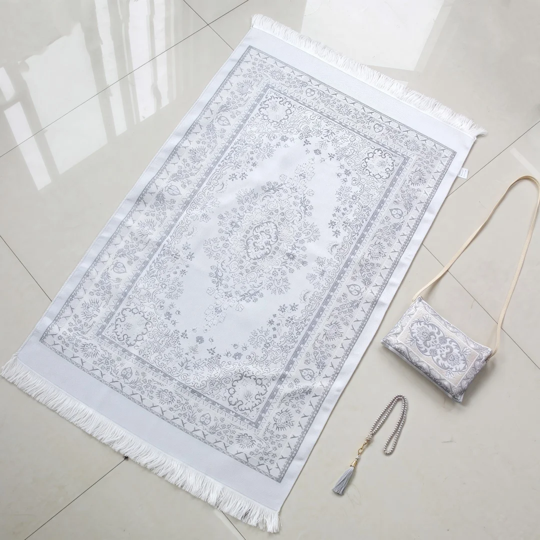 Portable Crossbody Chenille Prayer Blanket, Adult Long Prayer Mat, 99-Bead Faux Pearl Prayer Beads Outdoor Travel Storage Set