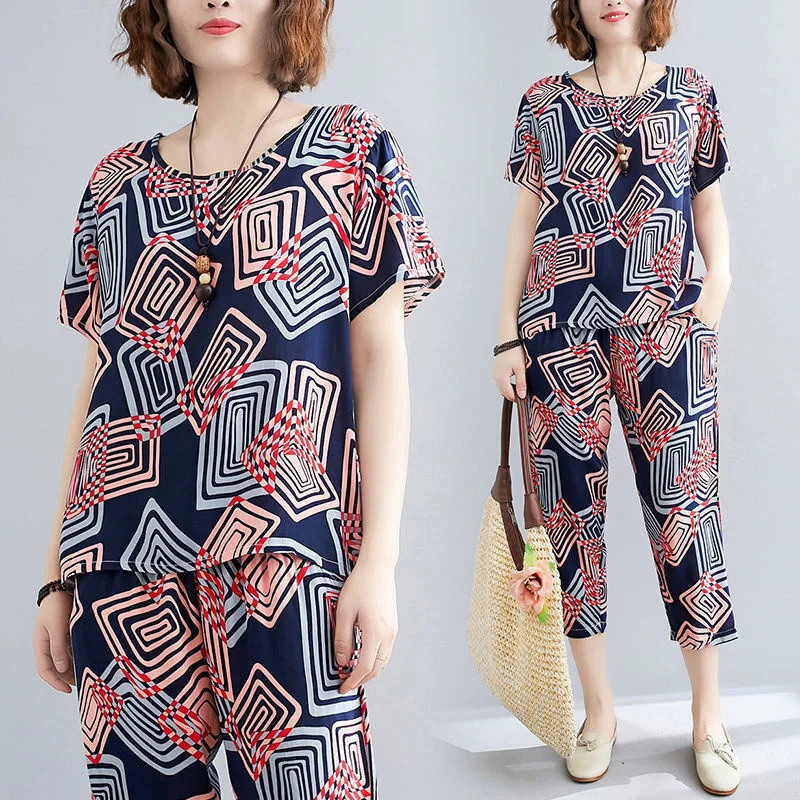 Cotton Silk Fashion Suit Women Summer 2023 New Home Wear Harun Cropped Trousers Casual Two-piece Suit Female Printing Loose Sets