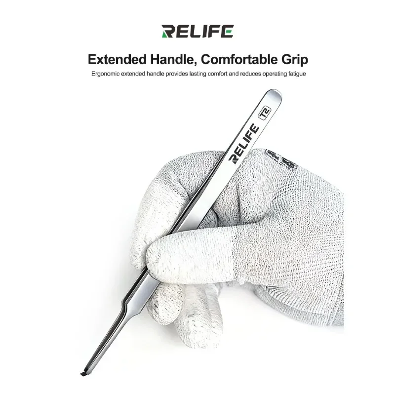 

RELIFE T2 Precision Flat Tip Tweezers Non-Magnetic for Phone and IC Circuit Repair, Handmade Maintenance Tool