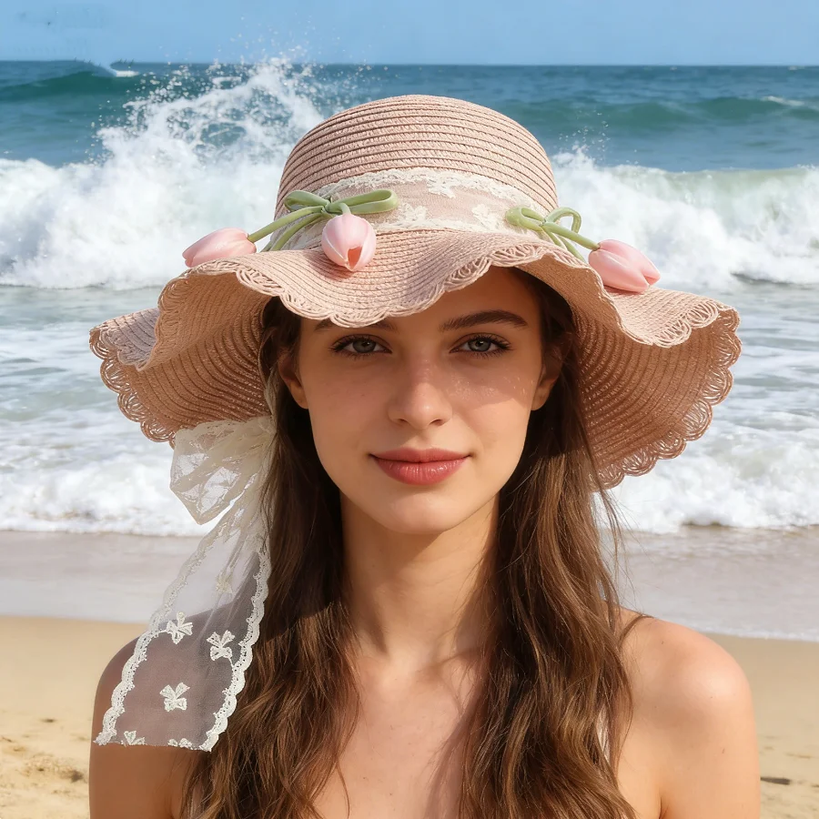 French-Style Retro Lace Ribbon Straw Hat with Three-Dimensional Tulip Decoration + Breathable Straw Material, Breathable and Not Stuffy, Suitable for Outdoor Scenes Such as the Beach
