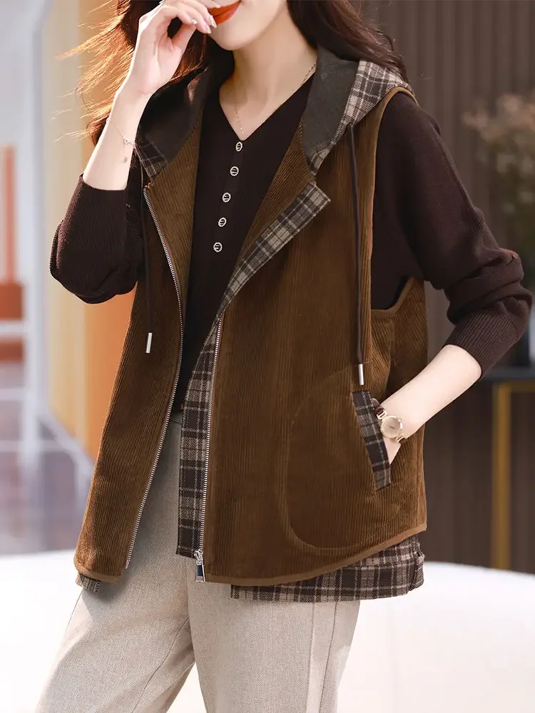 Vintage Oversized Hooded Vest Women Corduroy Sleeveless Cardigan Zip Korean Fashion Spring/summer Jacket Tops Casual New